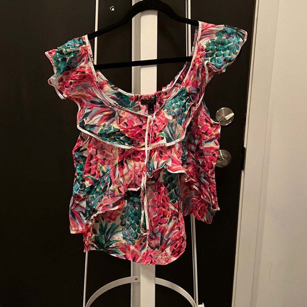 J crew ratti print pink and green pineapple, ruffled tank 1 size 6